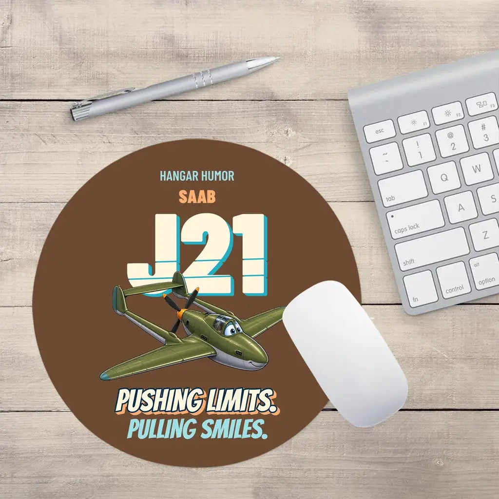 Saab J 21A - Pushing limits. Pulling smiles. design on brown round mouse pad
