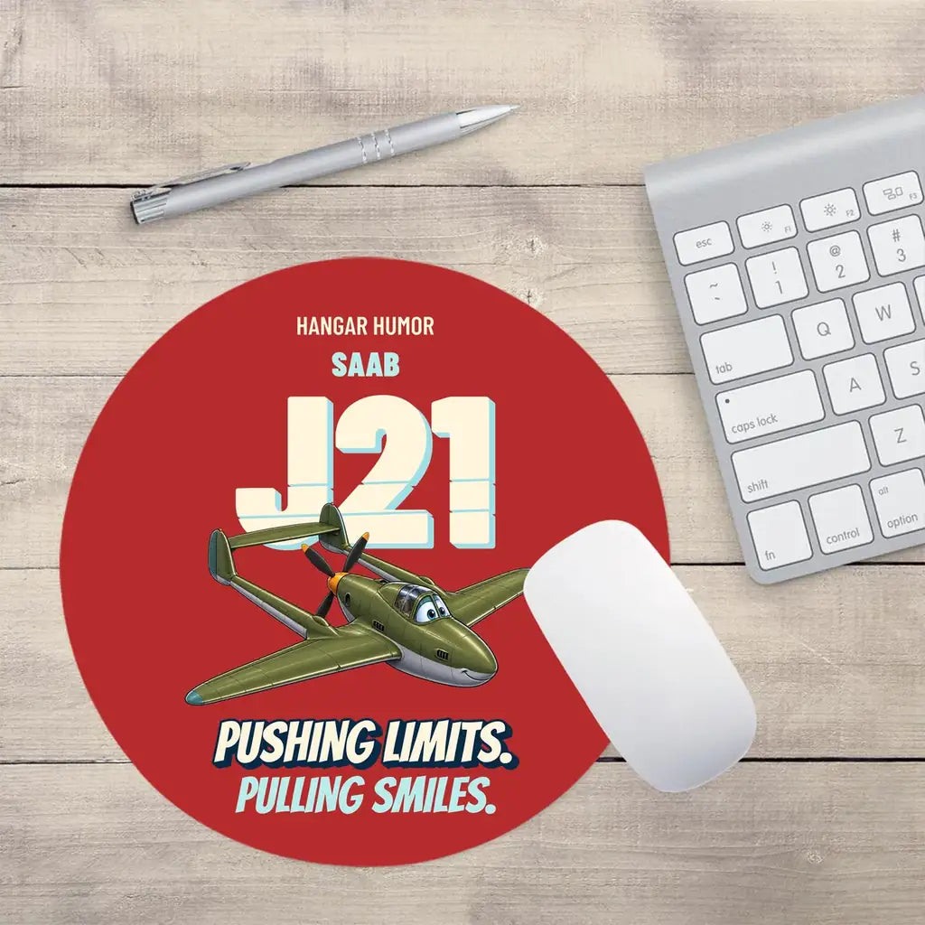 Saab J 21A - Pushing limits. Pulling smiles. design on red round mouse pad