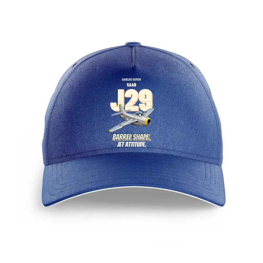 Saab J 29F Tunnan - Barrel shape. Jet attitude. design on blue printed hat