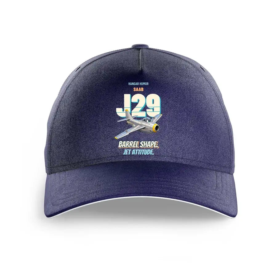 Saab J 29F Tunnan - Barrel shape. Jet attitude. design on dark blue printed hat