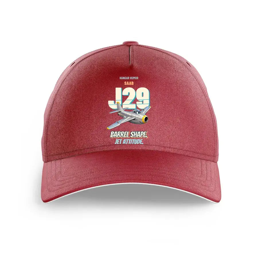 Saab J 29F Tunnan - Barrel shape. Jet attitude. design on dark red printed hat