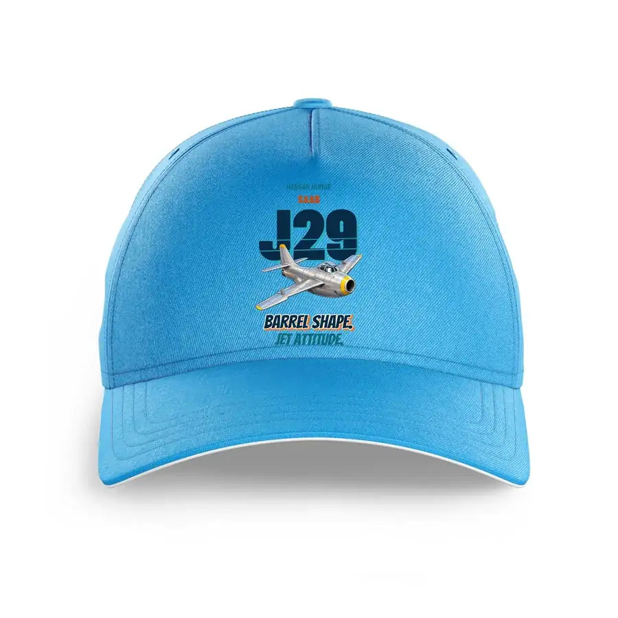 Saab J 29F Tunnan - Barrel shape. Jet attitude. design on light blue printed hat
