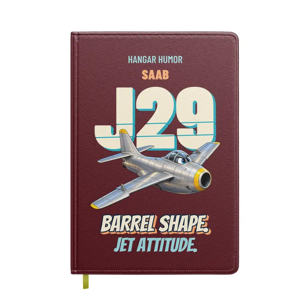 Saab J 29F Tunnan - Barrel shape. Jet attitude. design on dark red notebook