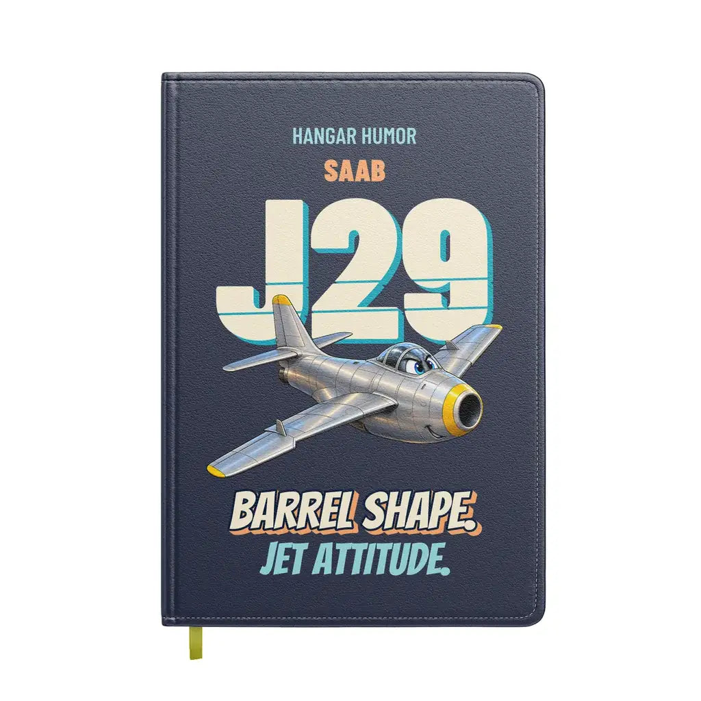 Saab J 29F Tunnan - Barrel shape. Jet attitude. design on navy blue notebook