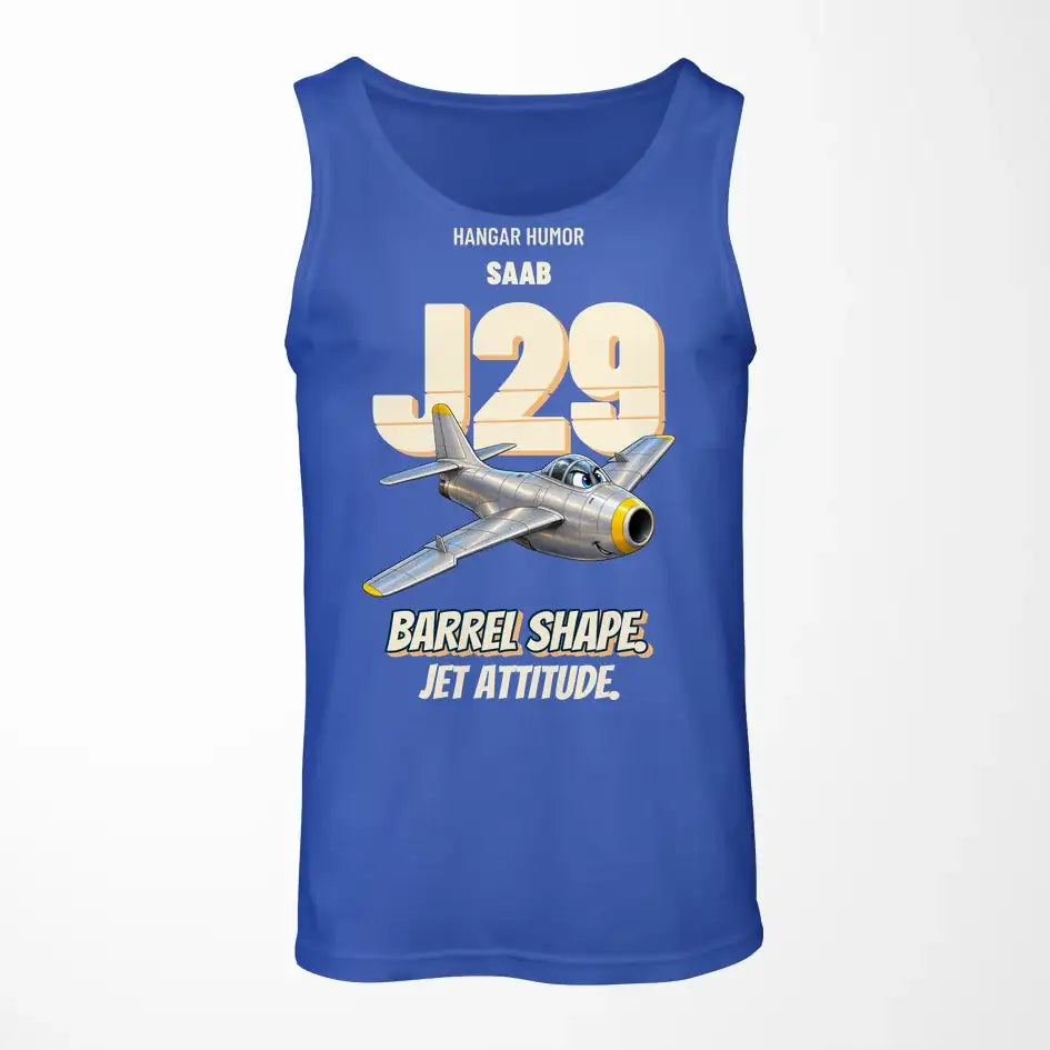 Saab J 29F Tunnan - Barrel shape. Jet attitude. design on blue tank top