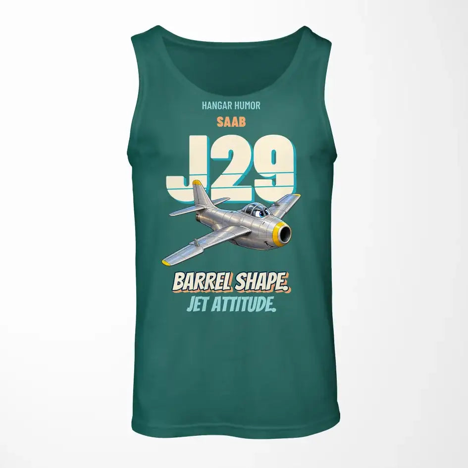 Saab J 29F Tunnan - Barrel shape. Jet attitude. design on green tank top