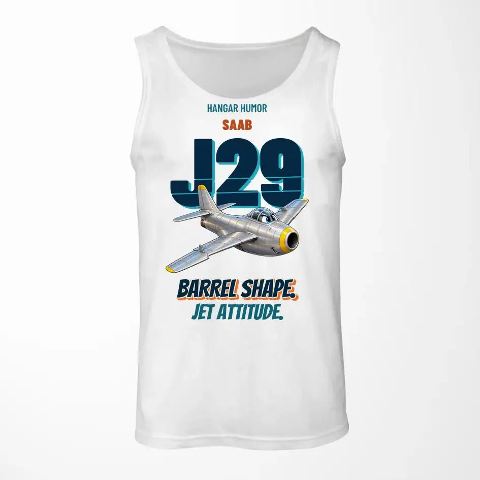Saab J 29F Tunnan - Barrel shape. Jet attitude. design on white tank top