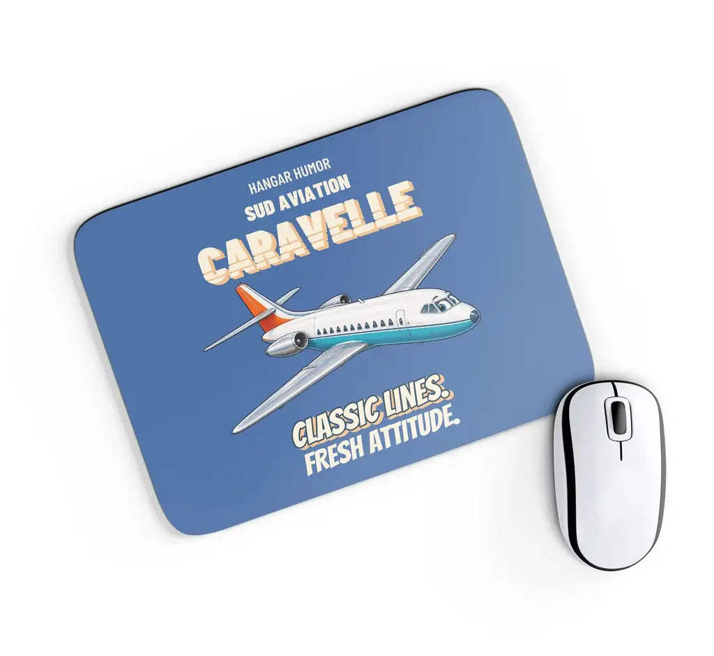 Sud Aviation Caravelle III - Classic lines. Fresh attitude. design on blue rectangle mouse pad