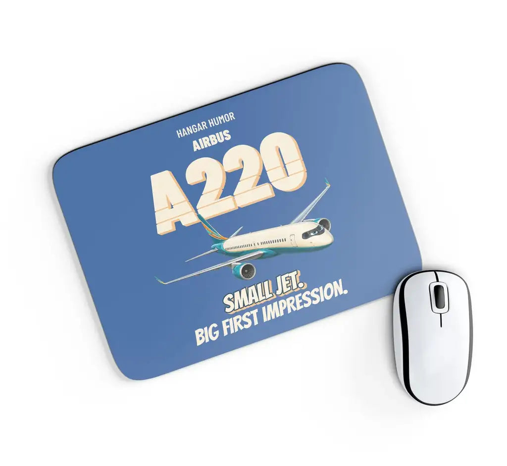 Airbus A220-100 - Small jet. Big first impression. design on blue rectangle mouse pad