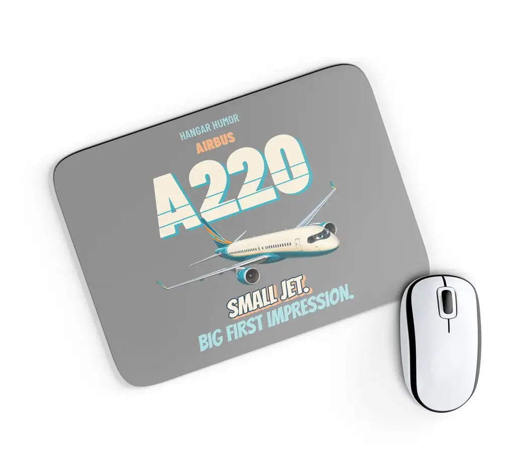 Airbus A220-100 - Small jet. Big first impression. design on gray rectangle mouse pad