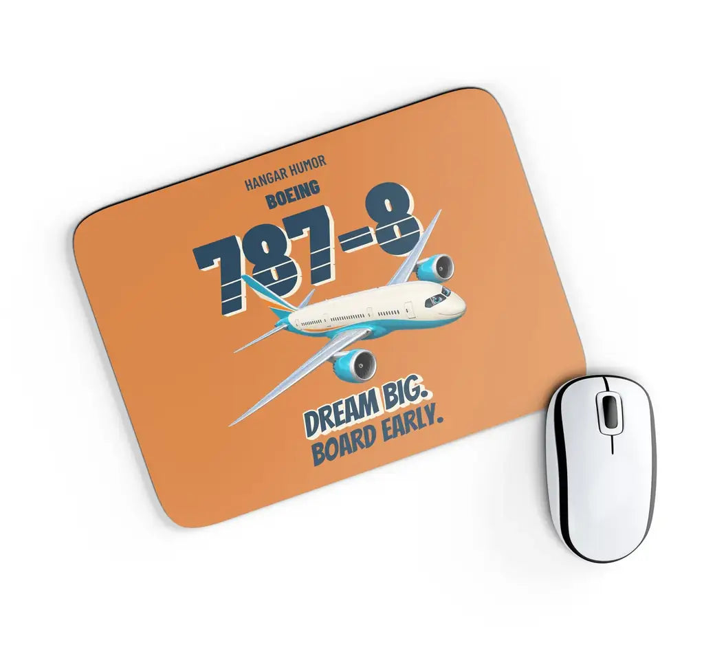 Boeing 787-8 - Dream big. Board early. design on orange rectangle mouse pad