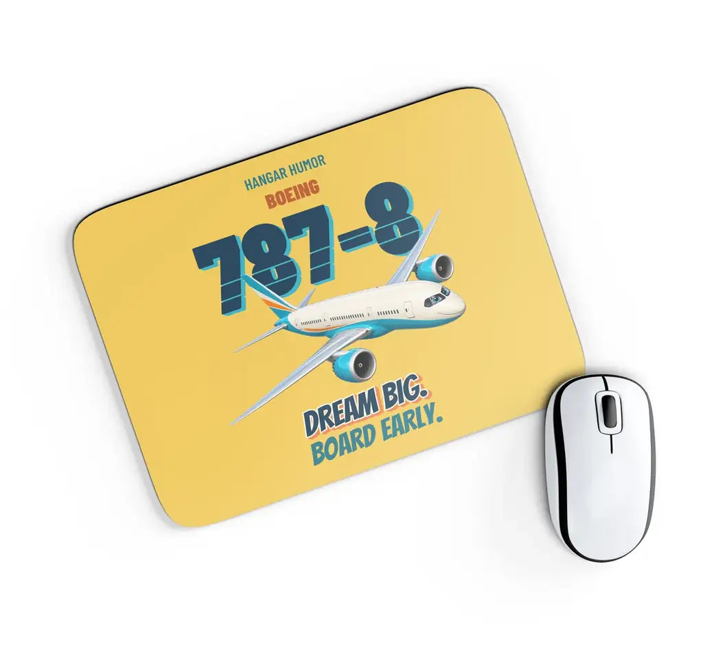 Boeing 787-8 - Dream big. Board early. design on yellow rectangle mouse pad