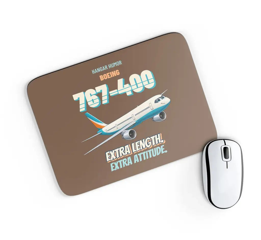 Boeing 767-400ER - Extra length. Extra attitude. design on brown rectangle mouse pad