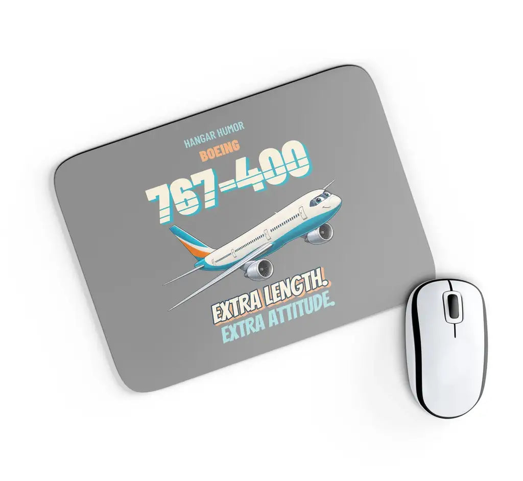 Boeing 767-400ER - Extra length. Extra attitude. design on gray rectangle mouse pad