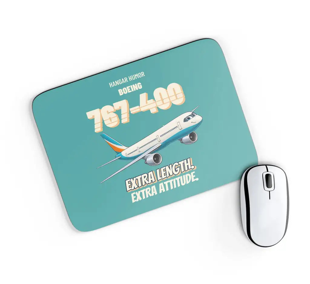 Boeing 767-400ER - Extra length. Extra attitude. design on turquoise rectangle mouse pad