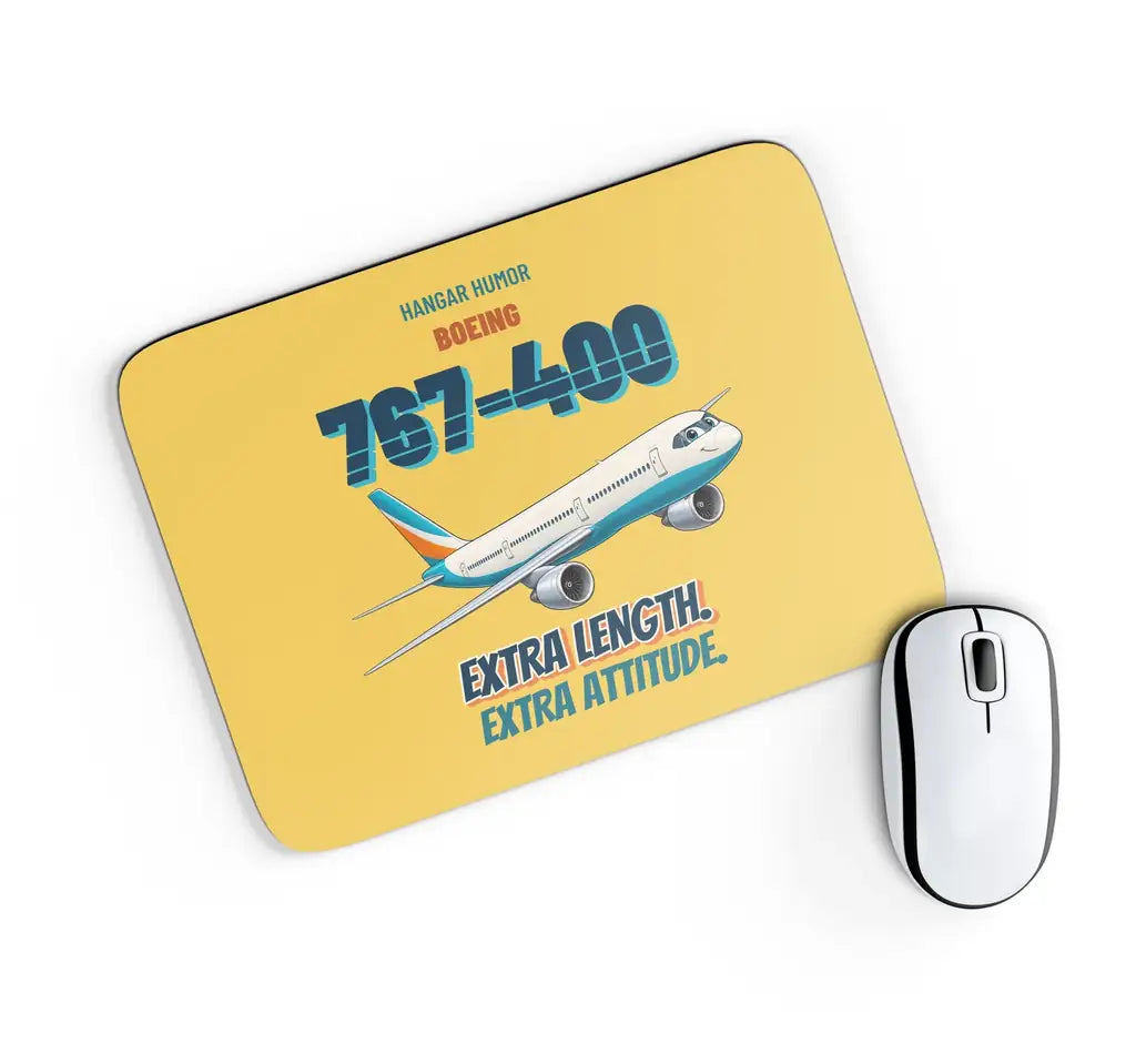 Boeing 767-400ER - Extra length. Extra attitude. design on yellow rectangle mouse pad