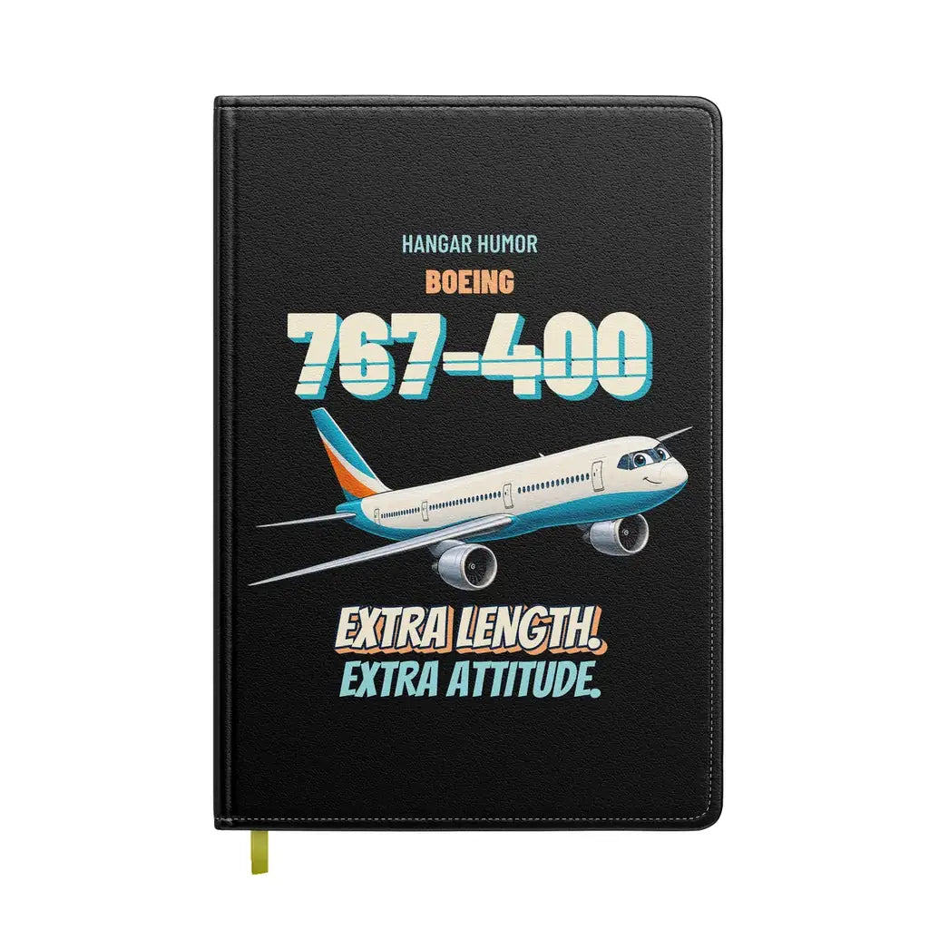 Boeing 767-400ER - Extra length. Extra attitude. design on black notebook