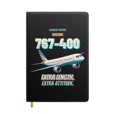 Boeing 767-400ER - Extra length. Extra attitude. design on black notebook