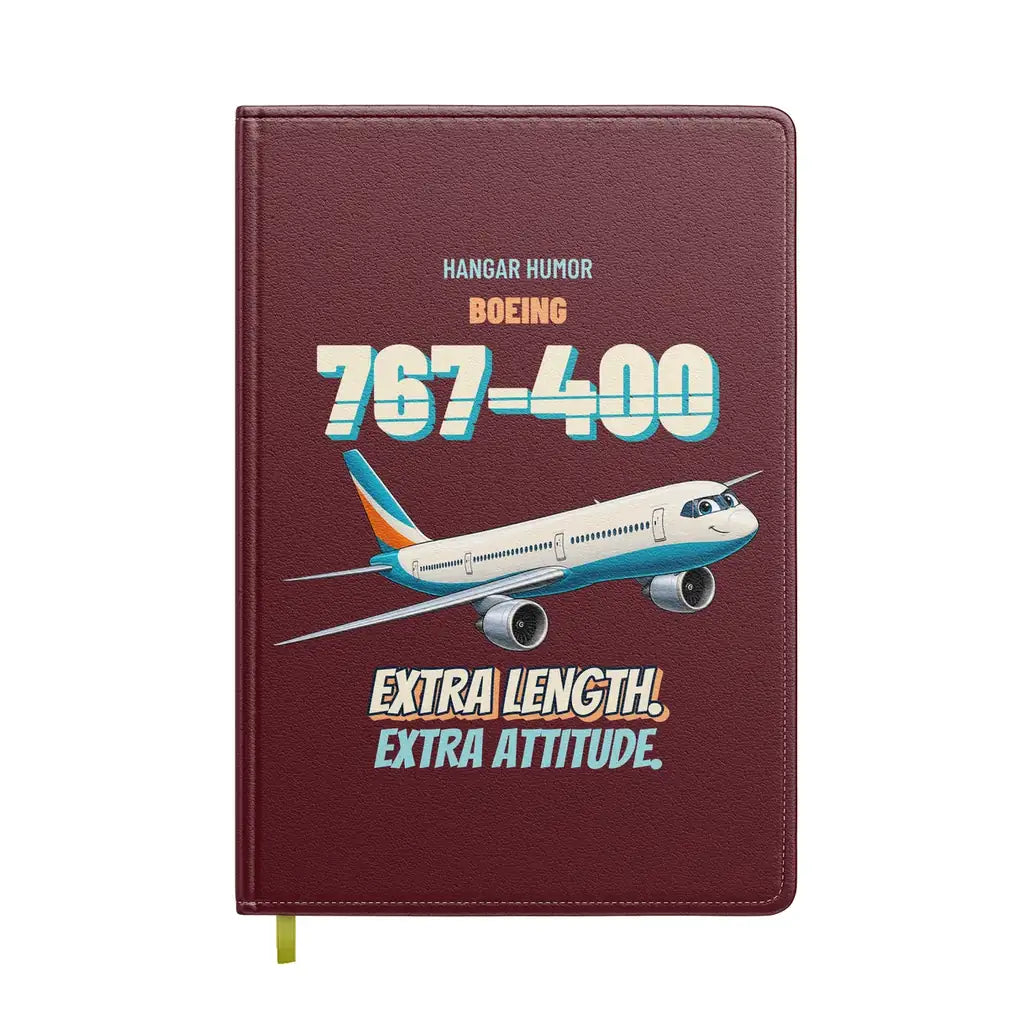 Boeing 767-400ER - Extra length. Extra attitude. design on dark red notebook