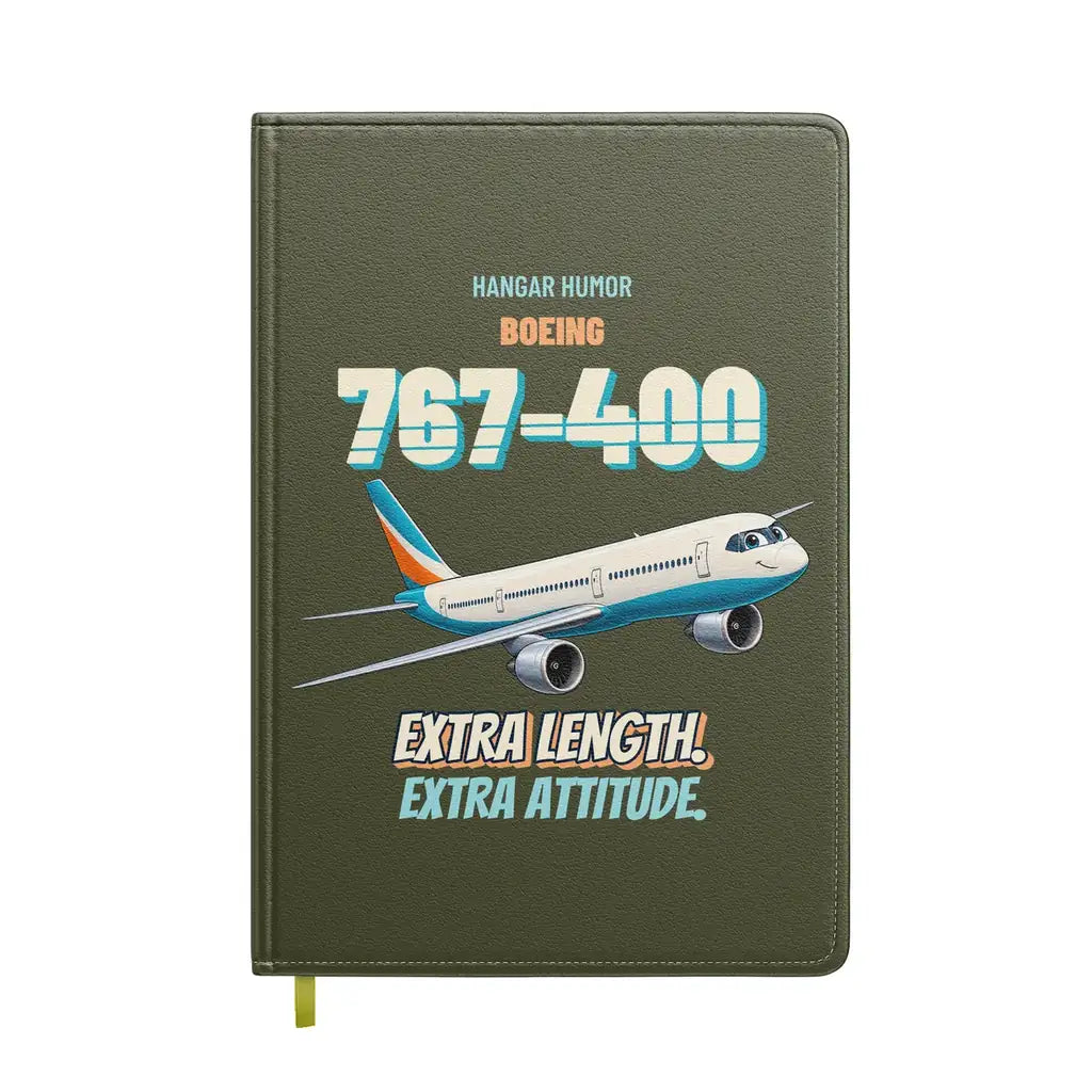 Boeing 767-400ER - Extra length. Extra attitude. design on green army notebook