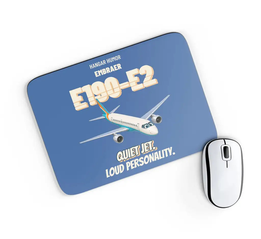 Embraer E190-E2 - Quiet jet. Loud personality. design on blue rectangle mouse pad