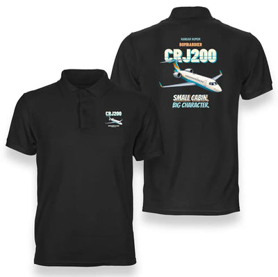 Bombardier CRJ200 - Small cabin. Big character. design on black polo t-shirt
