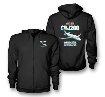 Bombardier CRJ200 - Small cabin. Big character. design on black zipped hoodie