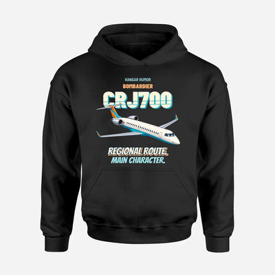Bombardier CRJ700 - Regional route. Main character. design on black hoodie single side
