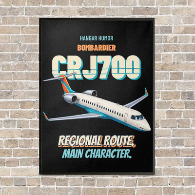 Bombardier CRJ700 - Regional route. Main character. vertical canvas print - framed - black background