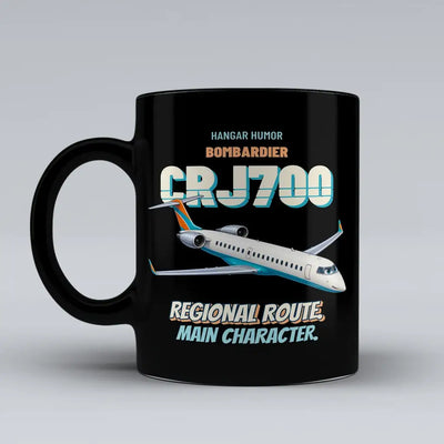 Bombardier CRJ700 - Regional route. Main character. design on black ceramic mug