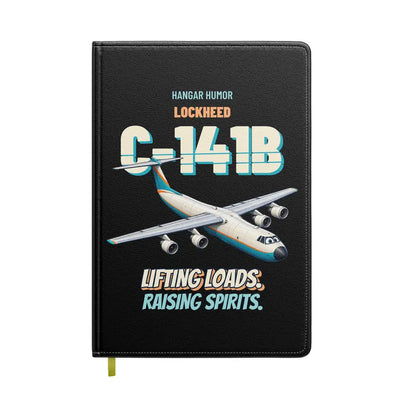 Lockheed C-141B Starlifter - Lifting loads. Raising spirits. design on black notebook