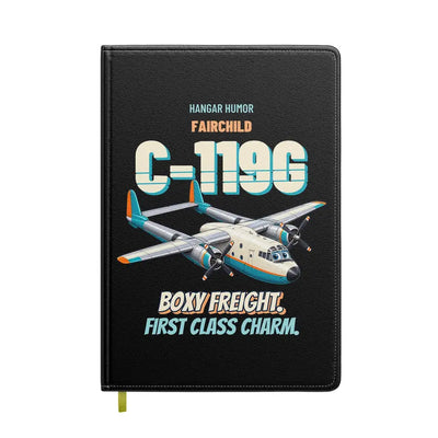Fairchild C-119G Flying Boxcar - Boxy freight. First class charm. design on black notebook