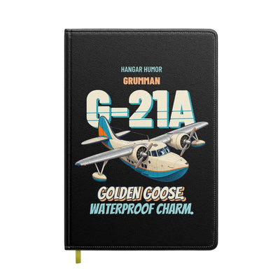 Grumman G-21A Goose - Golden goose. Waterproof charm. design on black notebook