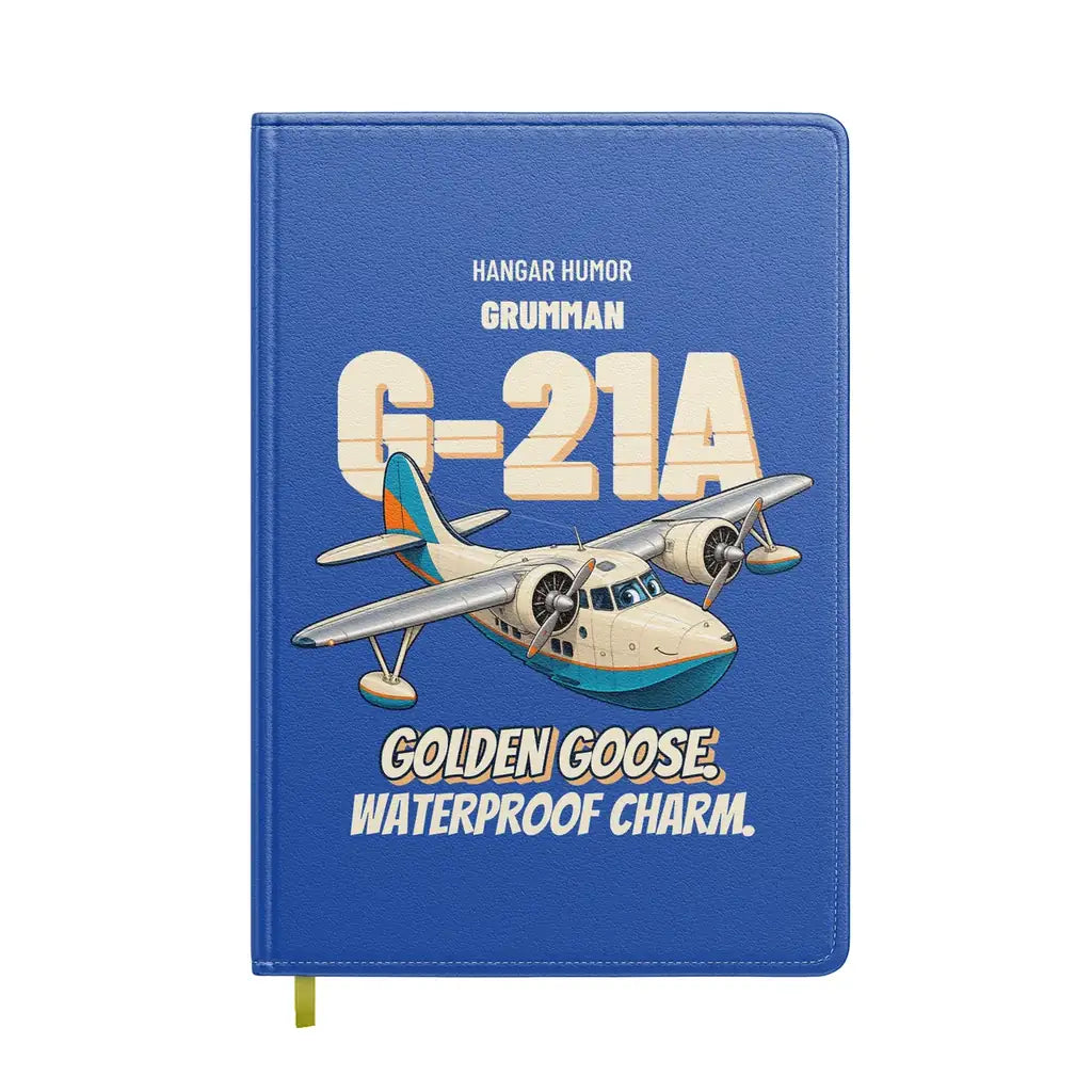 Grumman G-21A Goose - Golden goose. Waterproof charm. design on blue notebook