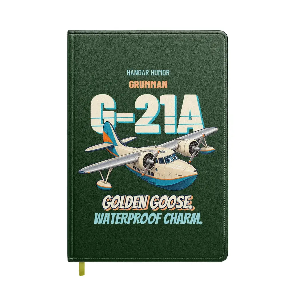 Grumman G-21A Goose - Golden goose. Waterproof charm. design on dark green notebook
