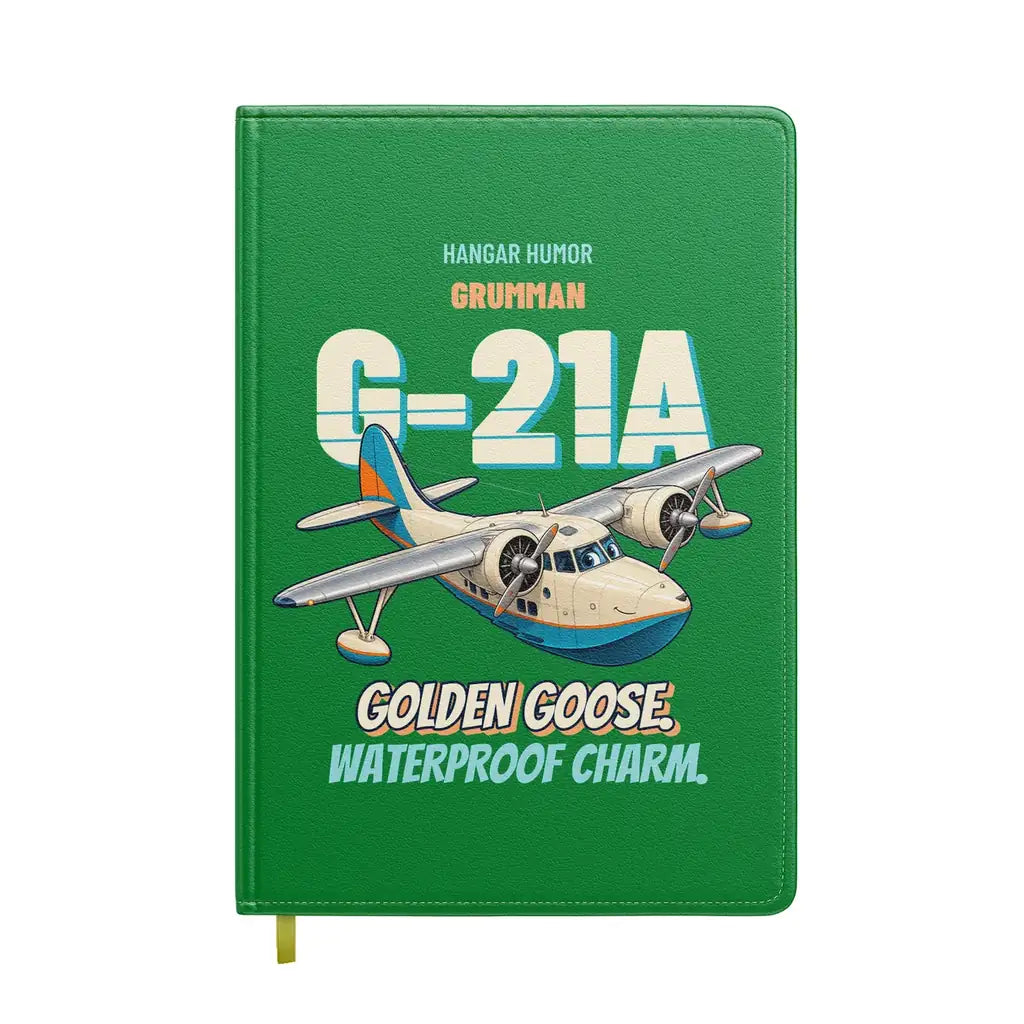 Grumman G-21A Goose - Golden goose. Waterproof charm. design on green notebook