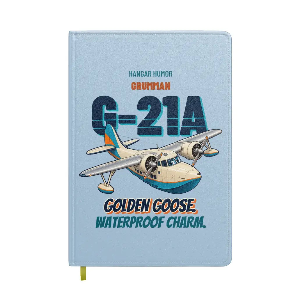 Grumman G-21A Goose - Golden goose. Waterproof charm. design on light blue notebook