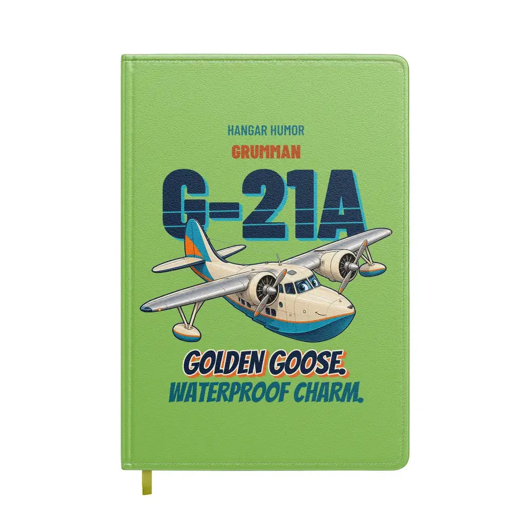 Grumman G-21A Goose - Golden goose. Waterproof charm. design on light green notebook