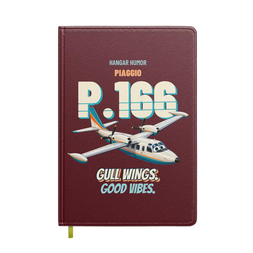 Piaggio P.166 - Gull wings. Good vibes. design on dark red notebook