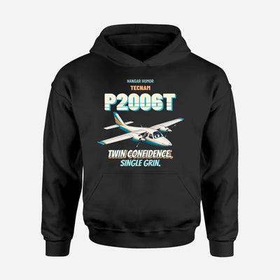 Tecnam P2006T - Twin confidence. Single grin. design on black hoodie single side