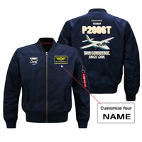 Thumbnail for Tecnam P2006T - Twin confidence. Single grin. design on blue bomber jacket with custom name badge