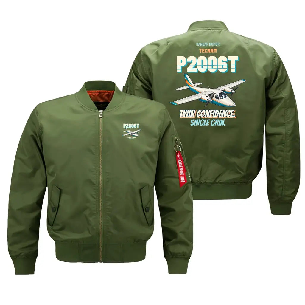 Tecnam P2006T - Twin confidence. Single grin. design on green bomber jacket