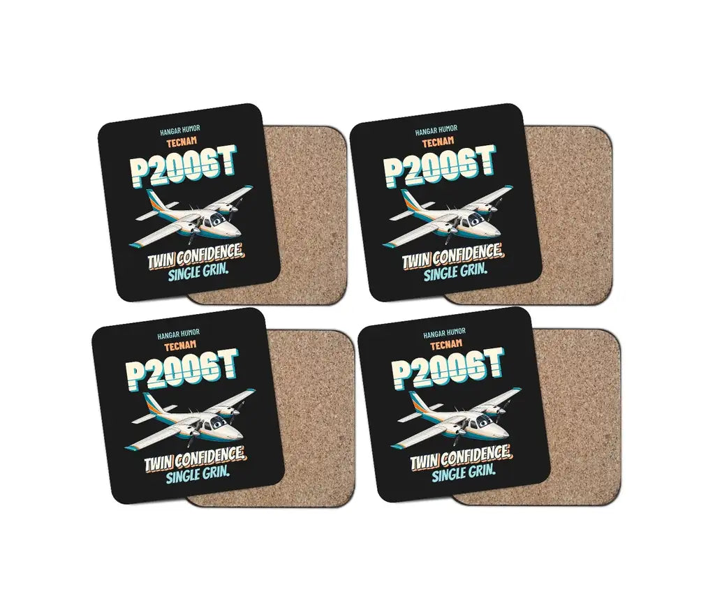 Tecnam P2006T - Twin confidence. Single grin. design on black 4 pieces set coaster
