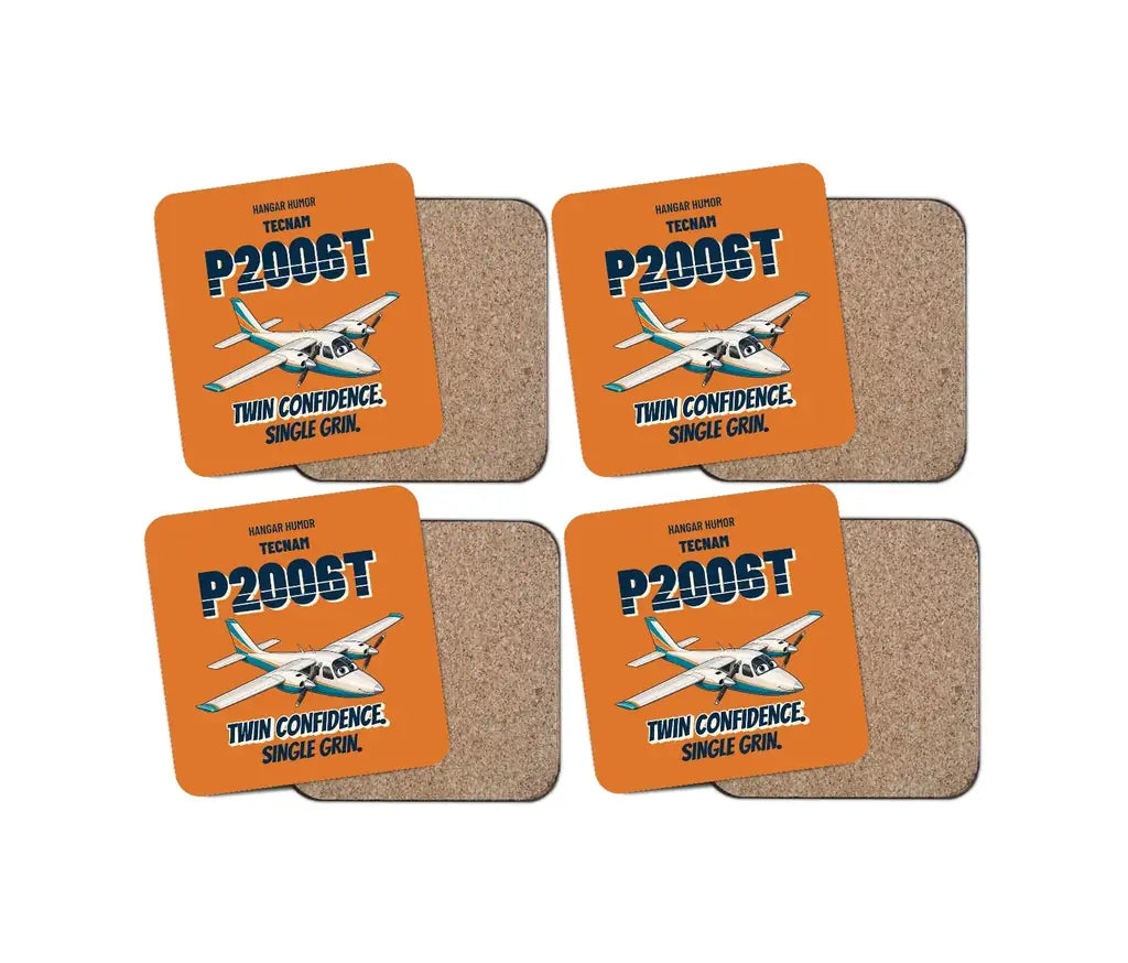 Tecnam P2006T - Twin confidence. Single grin. design on orange 4 pieces set coaster