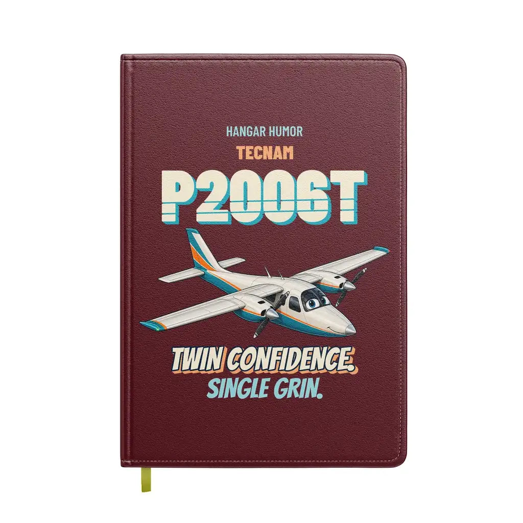 Tecnam P2006T - Twin confidence. Single grin. design on dark red notebook
