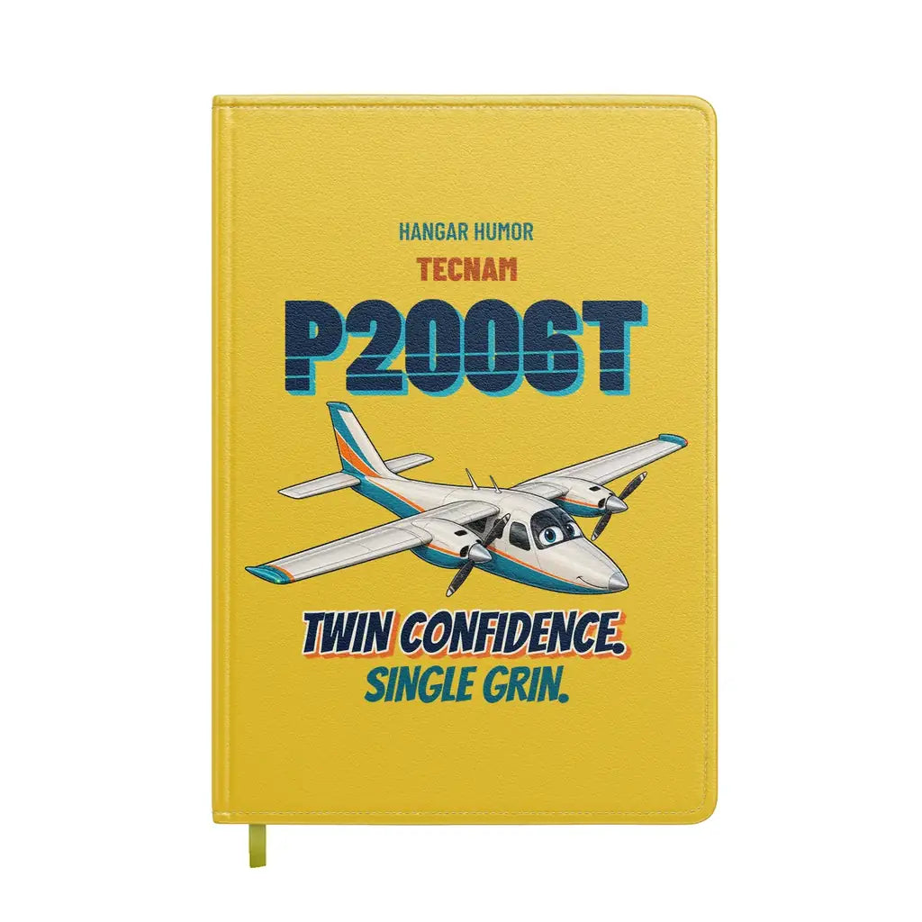 Tecnam P2006T - Twin confidence. Single grin. design on yellow notebook