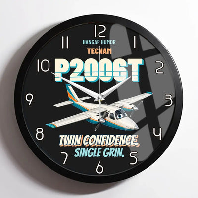 Tecnam P2006T - Twin confidence. Single grin. design on black framed wall clock