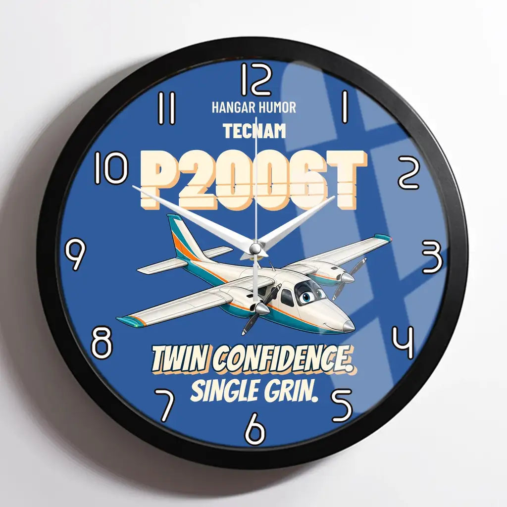 Tecnam P2006T - Twin confidence. Single grin. design on blue framed wall clock