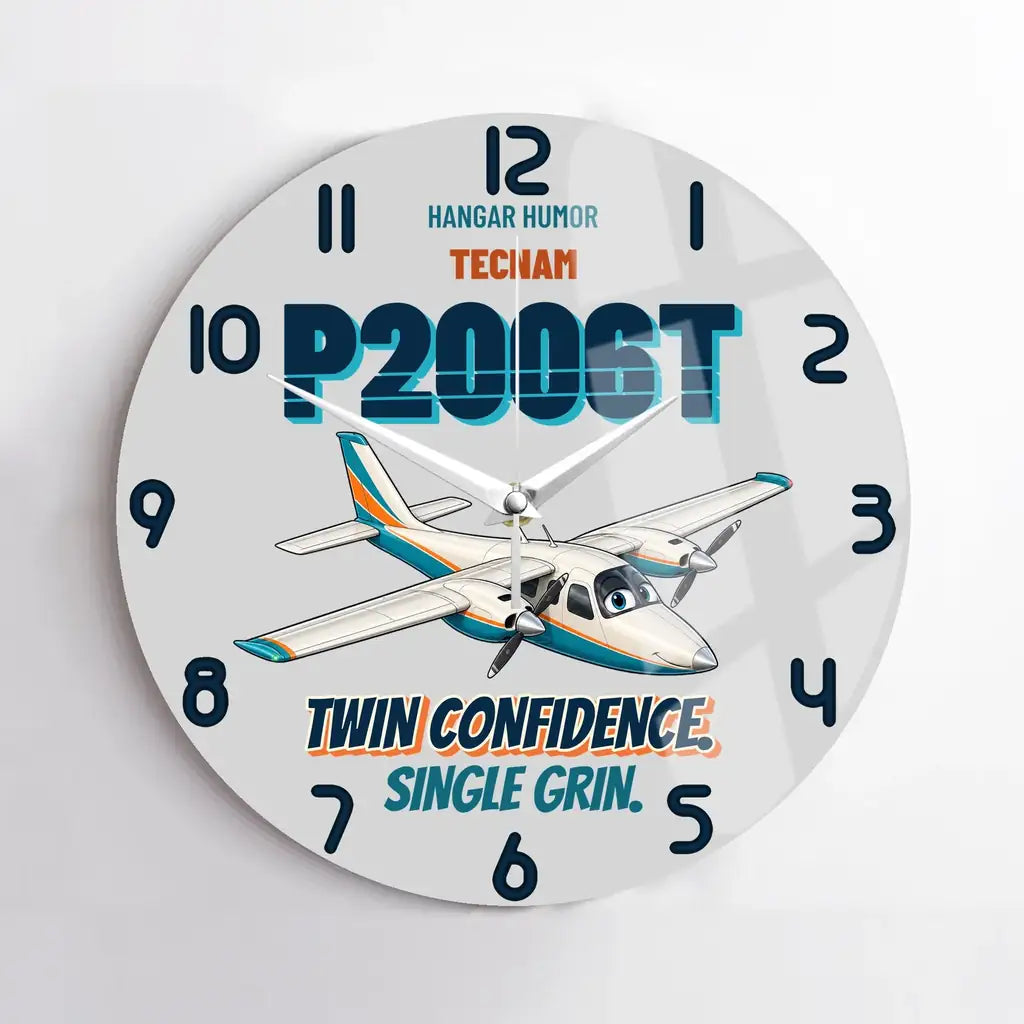 Tecnam P2006T - Twin confidence. Single grin. design on light gray no frame wall clock