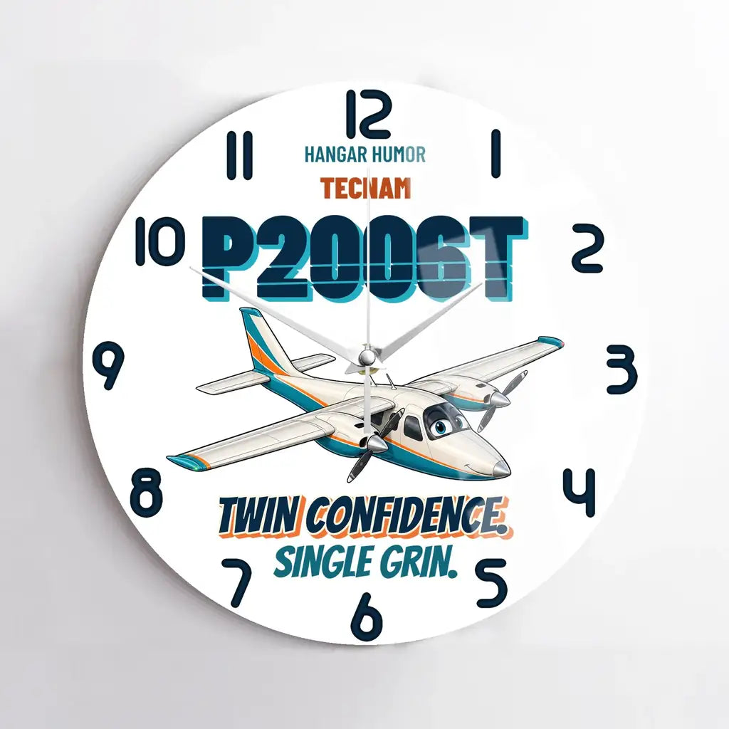 Tecnam P2006T - Twin confidence. Single grin. design on white no frame wall clock